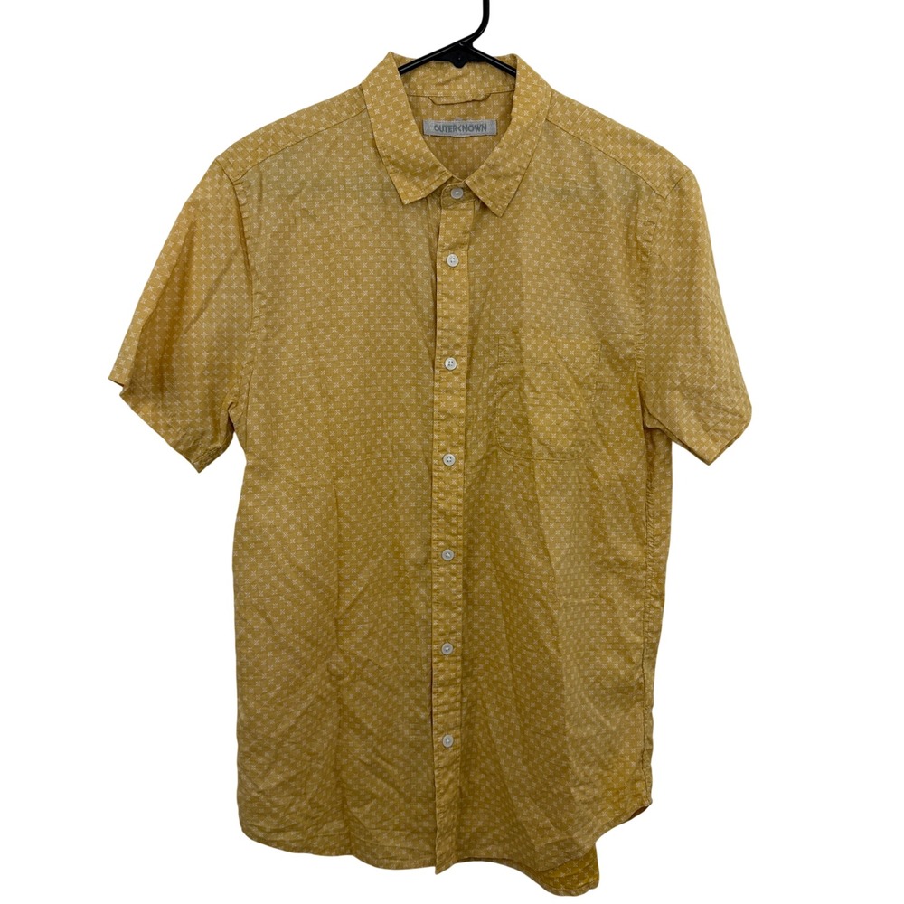 Outerknown Shirt Mens Small Yellow Geometric Print Short Sleeve Button Up Pocket